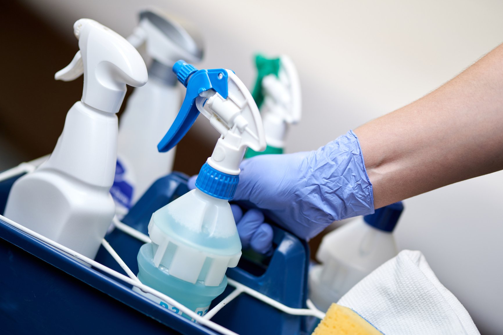 Assortment of professional-grade cleaning chemicals in variously sized containers, specifically formulated for food service industry hygiene standards.